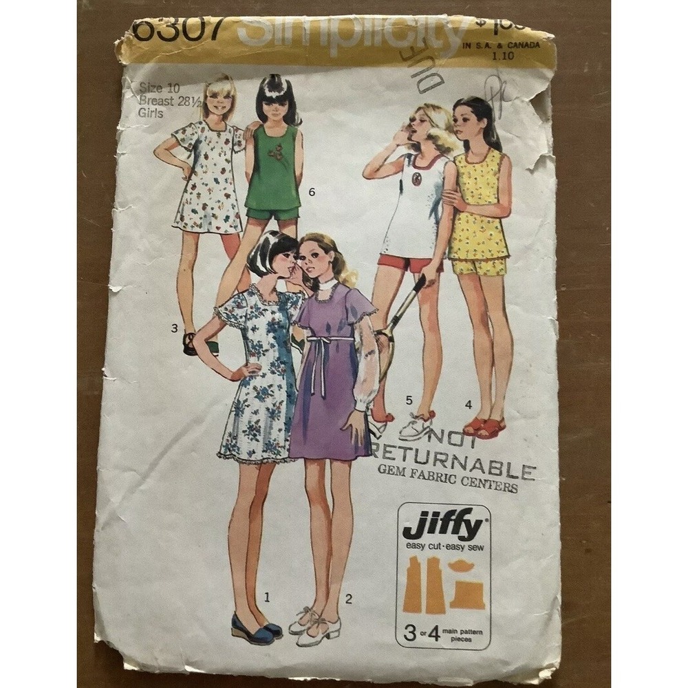 Simplicity 6307 Vintage Girls A-Line Dress Top Shorts Sewing Pattern Size 10 Cut